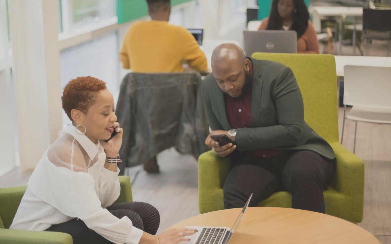 Business professionals analyzing financial data and collaborating on strategic planning